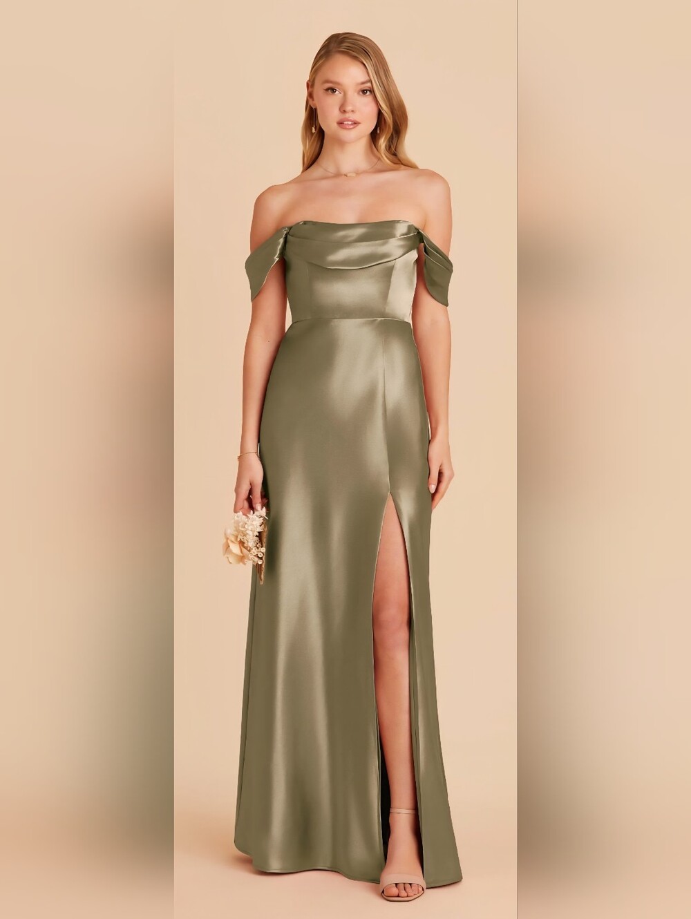Birdy Grey Mia Moss Green Satin Off-Shoulder Evening Dress with Slit (L)
